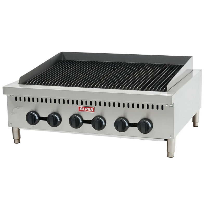 Alpha AHCB-36 36-inch natural gas or propane heavy duty countertop charbroiler with cast iron grates, front view