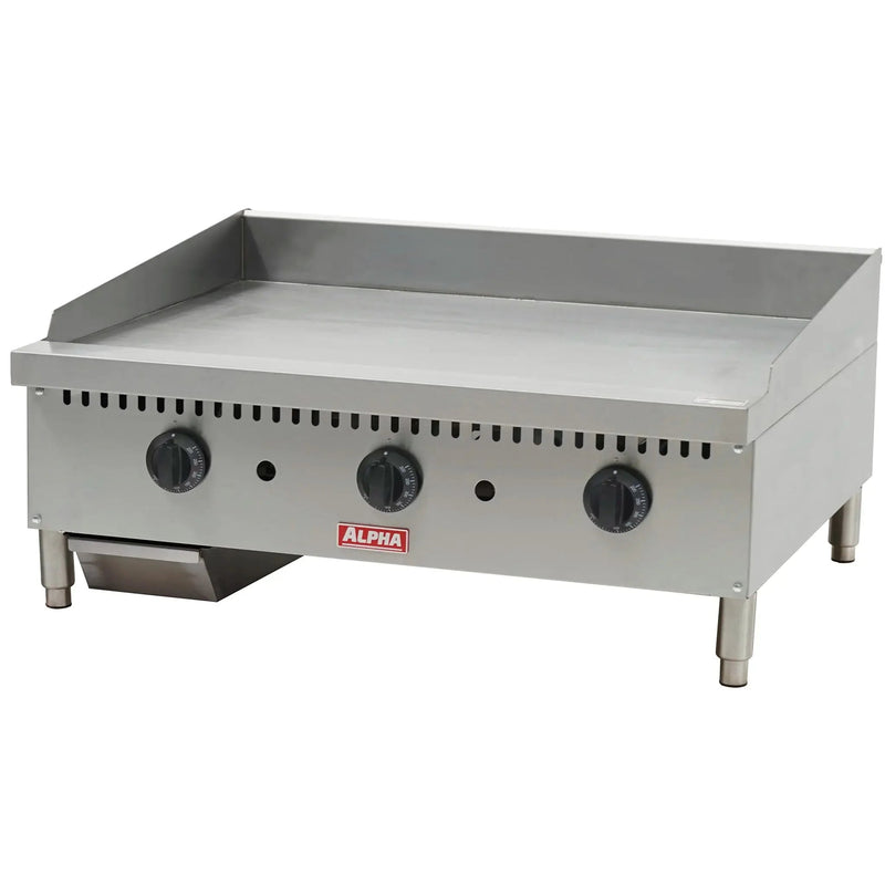 Alpha AHDG-36T heavy duty 36-inch natural gas or propane thermostatic griddle in stainless steel with three knobs
