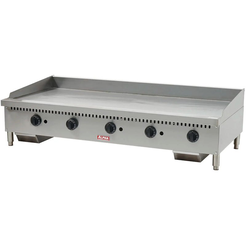 Alpha AHDG-60T heavy duty 60-inch natural gas or propane thermostatic griddle in stainless steel with five knobs