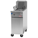Alpha APC-1 single natural gas or propane pasta cooker in stainless steel with pasta baskets and casters, angled
