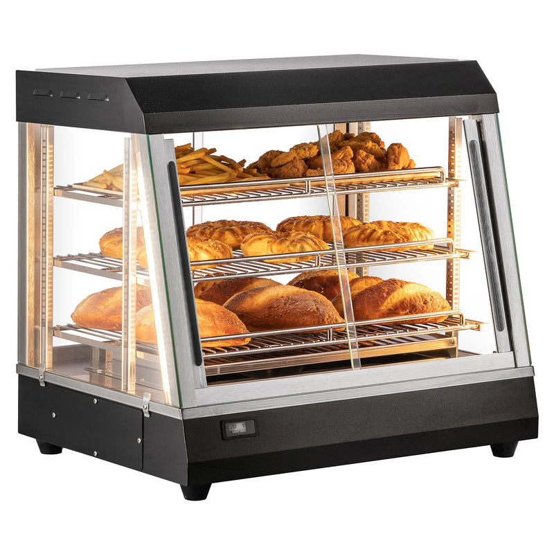Alpha APDW-26 26-inch heated glass display food warmer with three wire shelves holding baked goods, black base