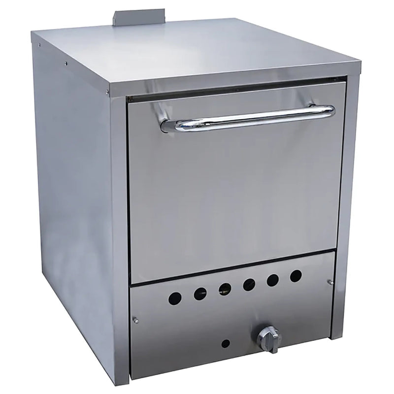 Alpha APO-24 countertop natural gas or propane pizza oven in stainless steel with chrome handle door, angled view