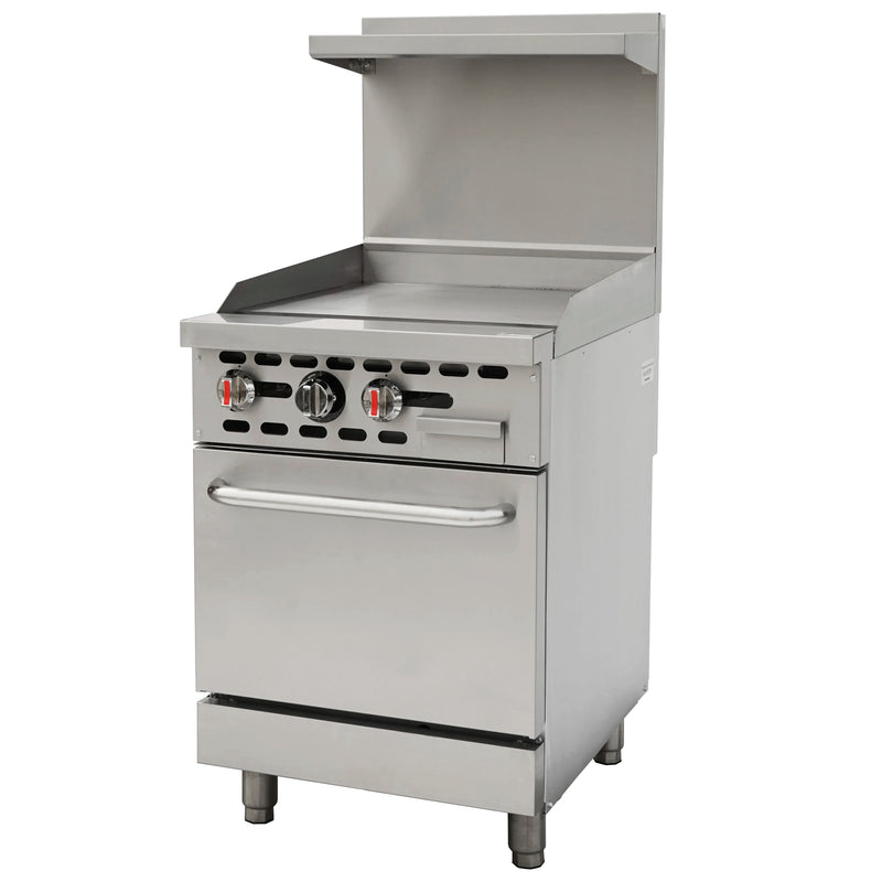 Alpha AR24-24TG natural gas or propane 24-inch griddle top range with oven, stainless steel with backsplash and shelf
