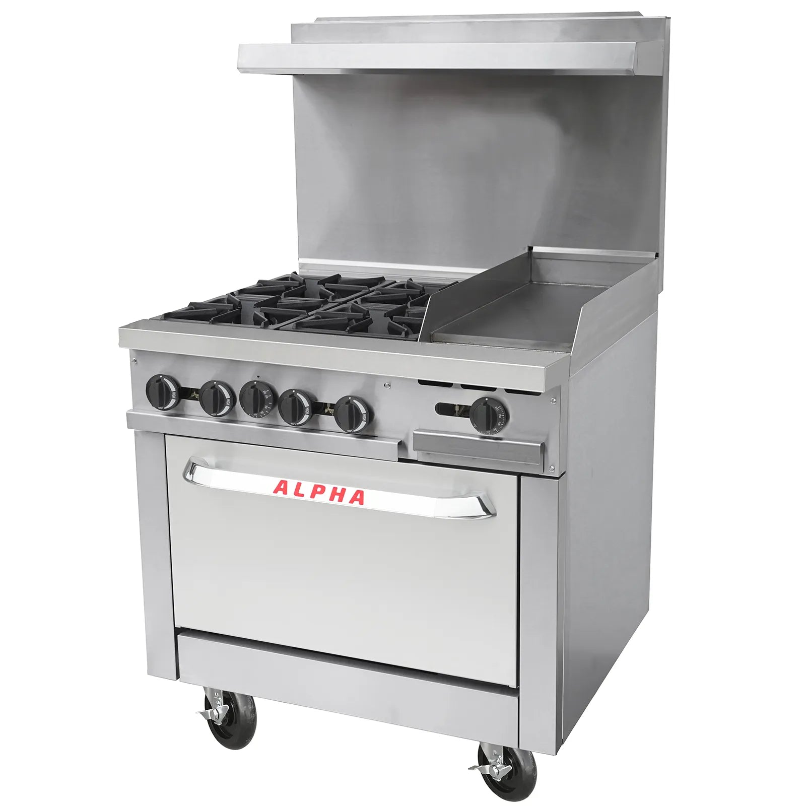 Alpha AR36-4B12G Natural Gas/Propane 36" Stove Top Cooking Range - 4 Burners & 12" Thermostatic Griddle-Phoenix Food Equipment