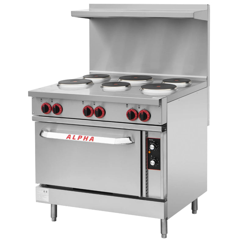 Alpha AR36E-6HP electric 36-inch cooking range with six French plates and oven, stainless steel with backsplash