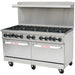 Alpha AR60-10B 60-inch natural gas or propane range with ten open burners, two ovens below, backsplash and casters
