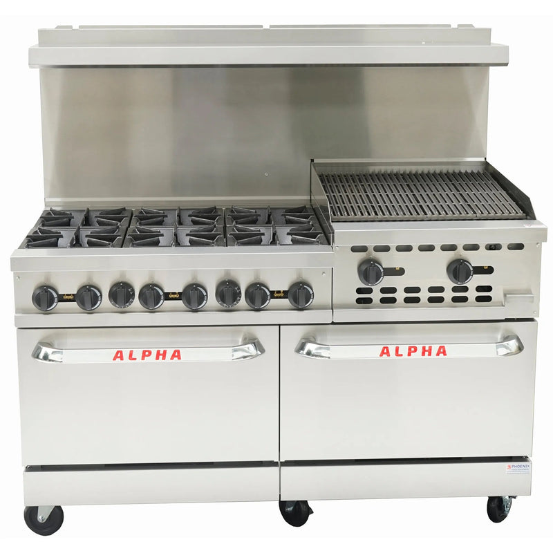 Alpha AR60-6B24CB Natural Gas/Propane 60" Stove Top Cooking Range - 6 Burners & 24" Charbroiler-Phoenix Food Equipment