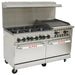 Alpha AR60-6B24CB 60-inch gas range with six burners, 24-inch charbroiler, two ovens below and casters, angled