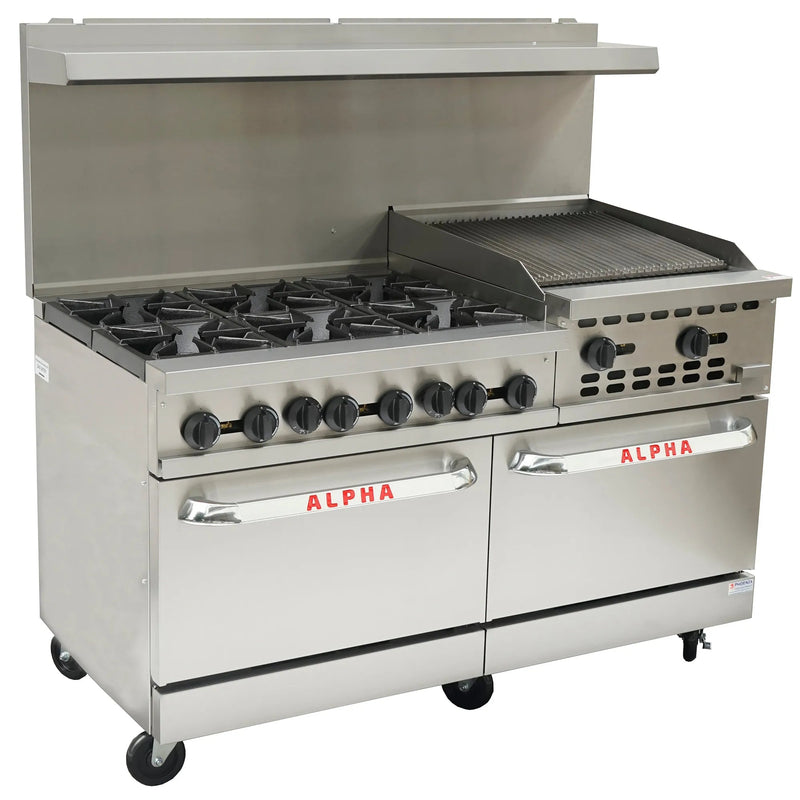 Alpha AR60-6B24CB Natural Gas/Propane 60" Stove Top Cooking Range - 6 Burners & 24" Charbroiler-Phoenix Food Equipment