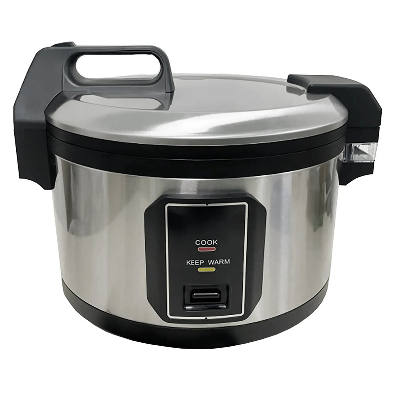 Alpha ARIC-40 commercial electric 40 cup rice cooker and warmer, stainless steel body with black lid handle, front view