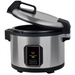 Alpha ARIC-64 64 cup commercial rice cooker and warmer with the hinged stainless steel lid partly open, angled view