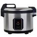 Alpha ARIC-64 commercial electric 64 cup rice cooker and warmer in stainless steel with black handles, lid closed