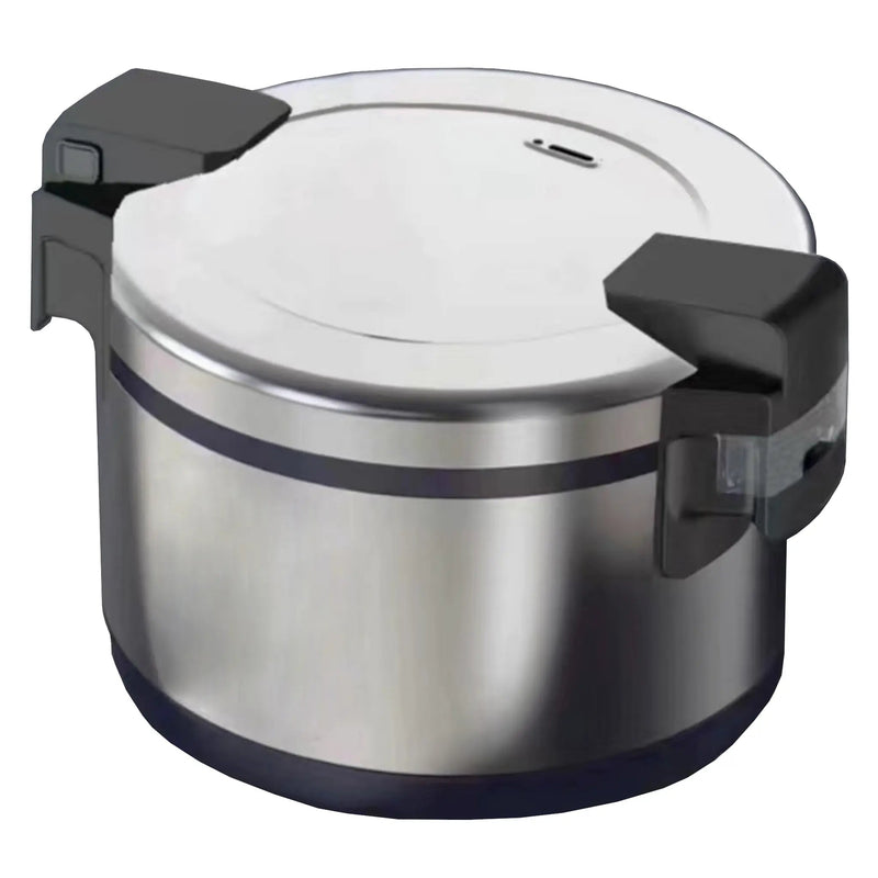 Alpha ARIW-100 commercial electric 100 cup rice warmer in stainless steel with black handles and lid, angled view