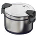 Alpha ARIW-100 commercial electric 100 cup rice warmer in stainless steel with black handles and lid, angled view