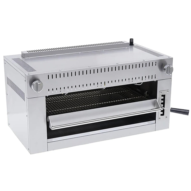 Alpha ASB-36 36-inch natural gas or propane salamander broiler in stainless steel with adjustable rack, front view