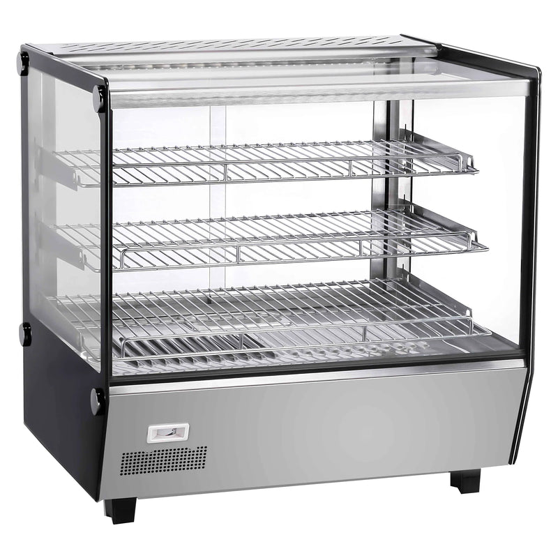 Alpha ASDW-27 27-inch square glass display food warmer with three wire shelves and black and stainless base, angled