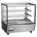 Alpha ASDW-27 27-inch square glass display food warmer with three wire shelves and black and stainless base, angled