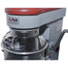Alpha AVP-10 10 qt commercial planetary stand mixer, close-up of the red mixer head, bowl guard and lift handle