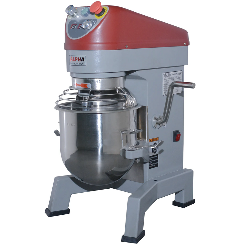 Alpha AVP-10 10 qt commercial planetary stand mixer in grey with red head, stainless steel bowl and guard, angled
