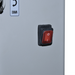 Alpha AVP-20 20 qt planetary stand mixer, close-up of the red rocker power switch and down arrow label on the side