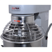 Alpha AVP-20 20 qt commercial planetary stand mixer, close-up of the planetary shaft and stainless wire bowl guard
