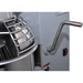 Alpha AVP-20 20 qt planetary stand mixer, close-up of the bowl lift crank handle and wire bowl guard on the side