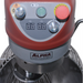 Alpha AVP-20 20 qt planetary mixer, close-up of the digital timer control panel and red emergency stop on red head
