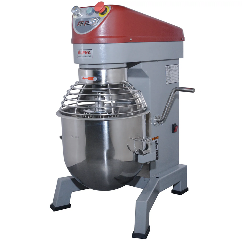 Alpha AVP-20 20 qt commercial planetary stand mixer in grey with red head, stainless steel bowl and guard, angled