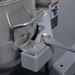 Alpha AVP-30 30 qt planetary stand mixer, close-up of the bowl arm clamp holding the stainless steel mixing bowl