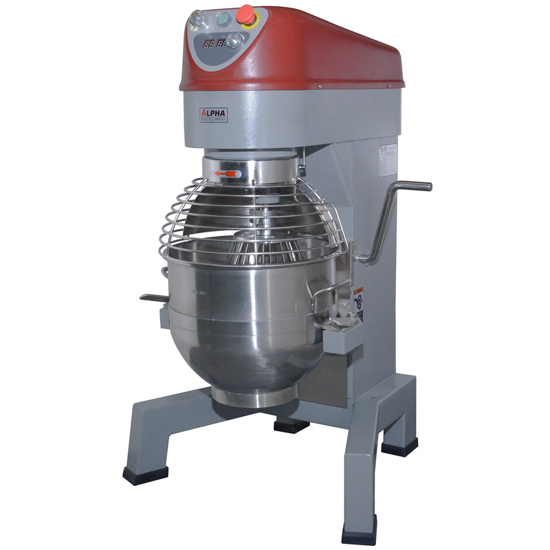 Alpha AVP-30 30 qt commercial planetary stand mixer in grey with red head, stainless steel bowl and guard, angled