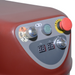 Alpha AVP-40 40 qt planetary mixer, angled close-up of the control panel with timers and red emergency stop button