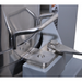 Alpha AVP-40 40 qt planetary stand mixer, close-up of the bowl arm clamp and locking pin holding the mixing bowl