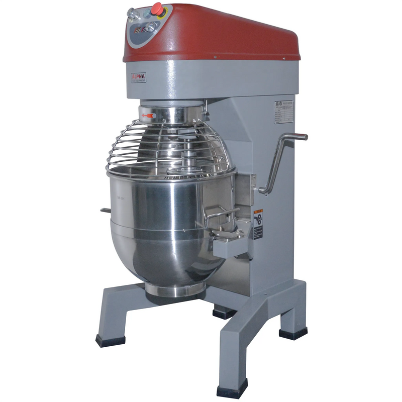 Alpha AVP-40 40 qt commercial planetary stand mixer in grey with red head, stainless steel bowl and guard, angled