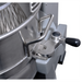 Alpha AVP-60 60 qt planetary stand mixer, alternate close-up of the bowl clamp and black locking lever from the side