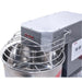 Alpha AVS-10 10 qt commercial spiral mixer, close-up of the mixer head, wire bowl guard and stainless steel bowl