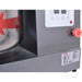 Alpha AVS-10 10 qt commercial spiral mixer, close-up of the lower control panel, emergency stop and rating label