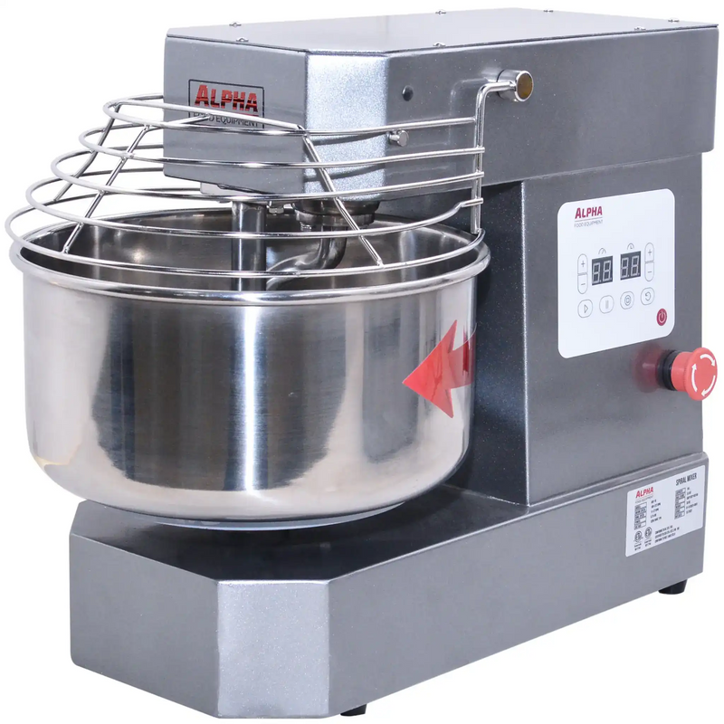 Alpha AVS-10 10 qt ten speed commercial spiral mixer in grey with stainless steel bowl and wire guard, angled view
