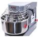 Alpha AVS-10T 10 qt tilting spiral mixer, close-up of the mixer head, wire bowl guard and stainless steel bowl