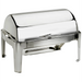 Alpha deluxe full size stainless steel roll top chafing dish set with lid closed on stand with fuel holders