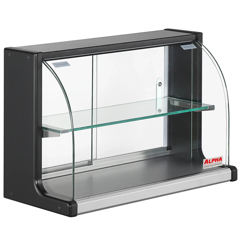 Alpha NAD-26 26-inch glass countertop dry display case with black frame, curved glass front and glass shelf, angled view