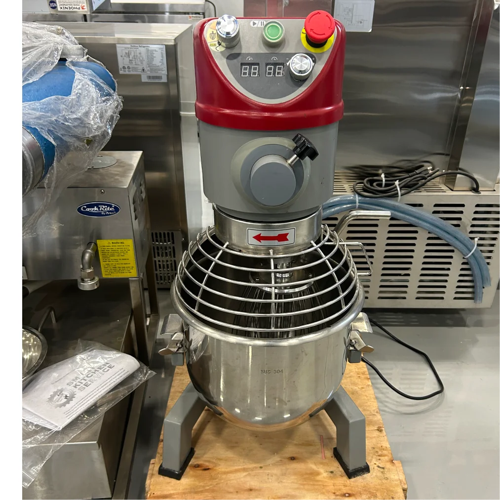Certified used Alpha AVP-20 20 qt planetary mixer, front view showing the wire bowl guard and stainless steel bowl