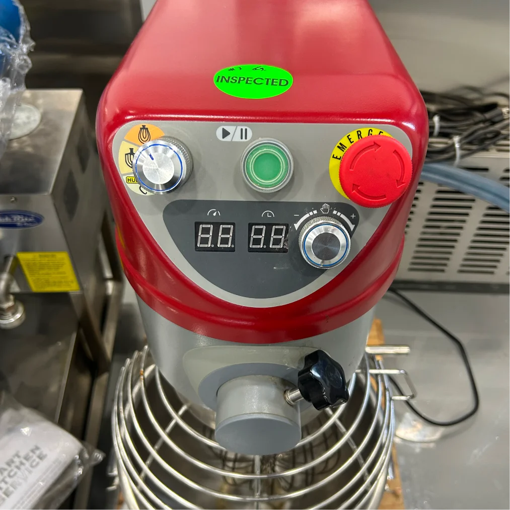 Certified used Alpha AVP-20 planetary mixer, close-up of the red head control panel with timer, start and stop buttons