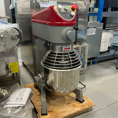 Certified used Alpha AVP-20 20 qt planetary stand mixer, grey with a red head, on a pallet, angled front view