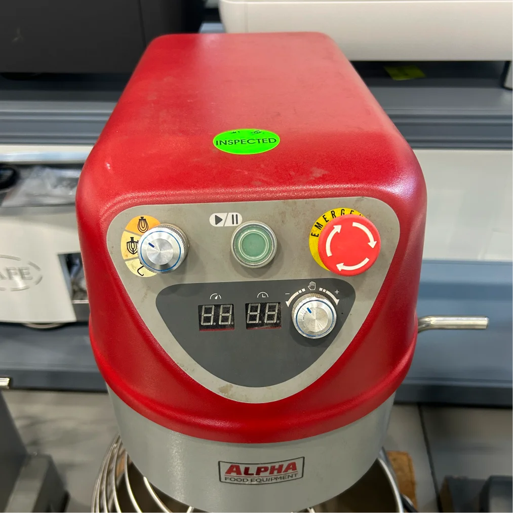 Certified used Alpha AVP-30 planetary mixer, close-up of the red head control panel with timer display and stop button