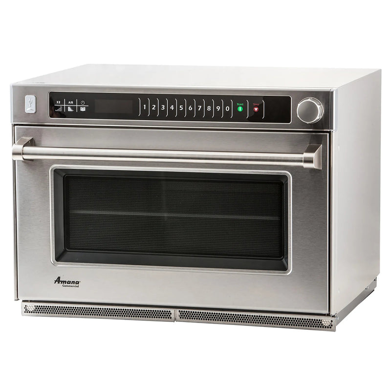 Amana AMSO22 heavy volume microwave steamer, 2200W, stainless steel with top touchpad and glass door, angled