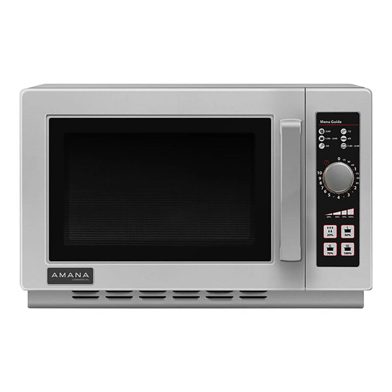 Amana RCS10DSE medium volume commercial microwave with filter, 1000W, stainless steel with dial timer, angled