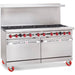 American Range AR-10 60-inch ten burner stainless steel gas range with twin ovens and red casters, angled view
