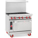 American Range AR-6 36-inch six burner stainless steel gas range with oven and red knobs, angled side view