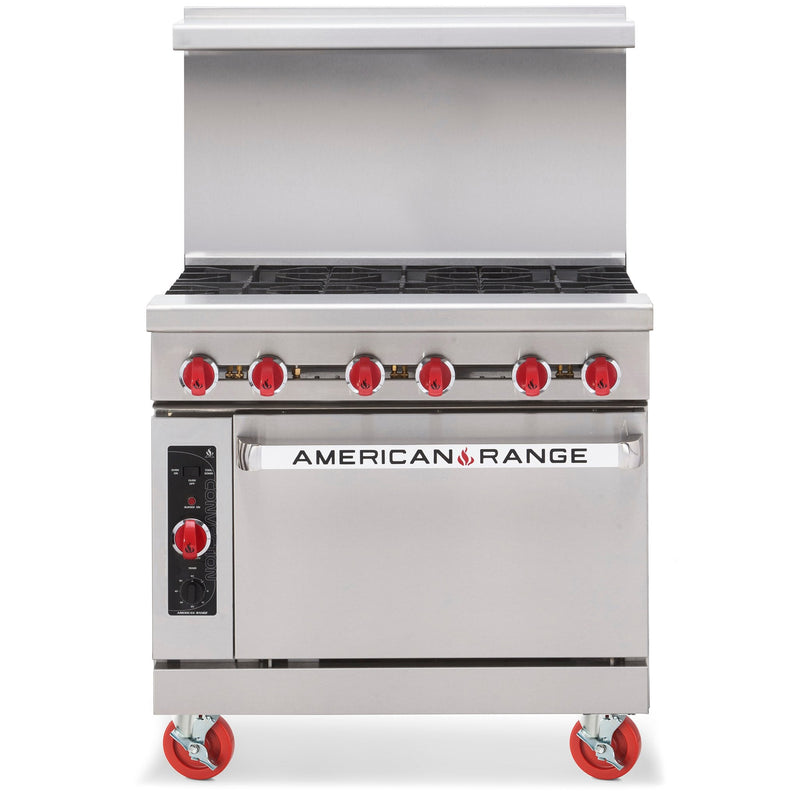 American Range AR-6 36-inch six burner gas range with oven, stainless steel with backsplash and casters, front view