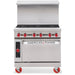 American Range AR-6 36-inch six burner gas range with oven, stainless steel with backsplash and casters, front view